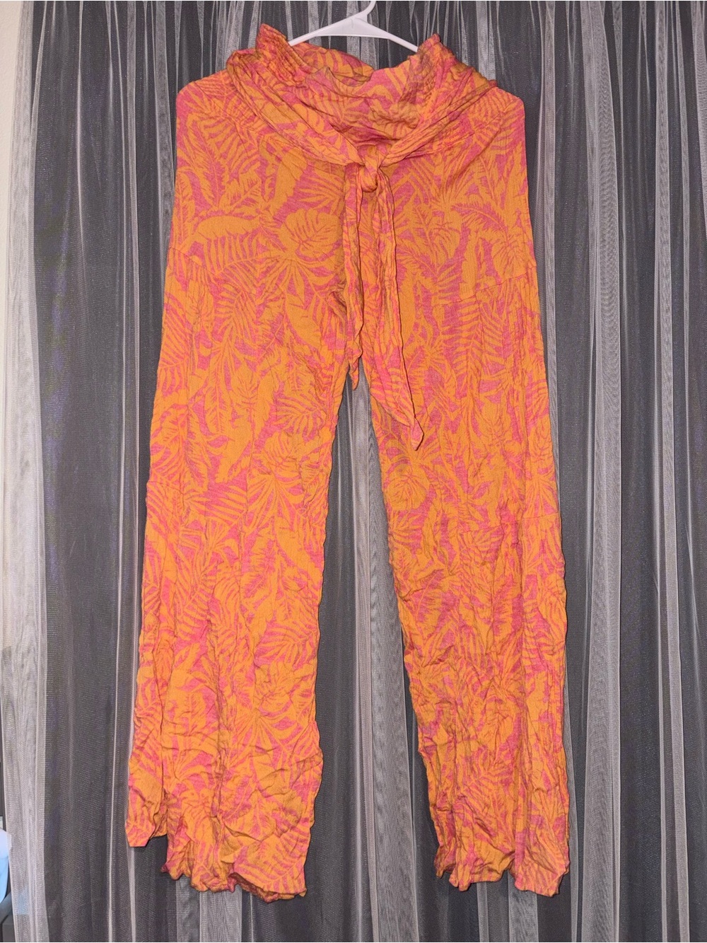 Sincerely Jules Orange & Pink Tropical Tie-Waist Wide-Leg Pants